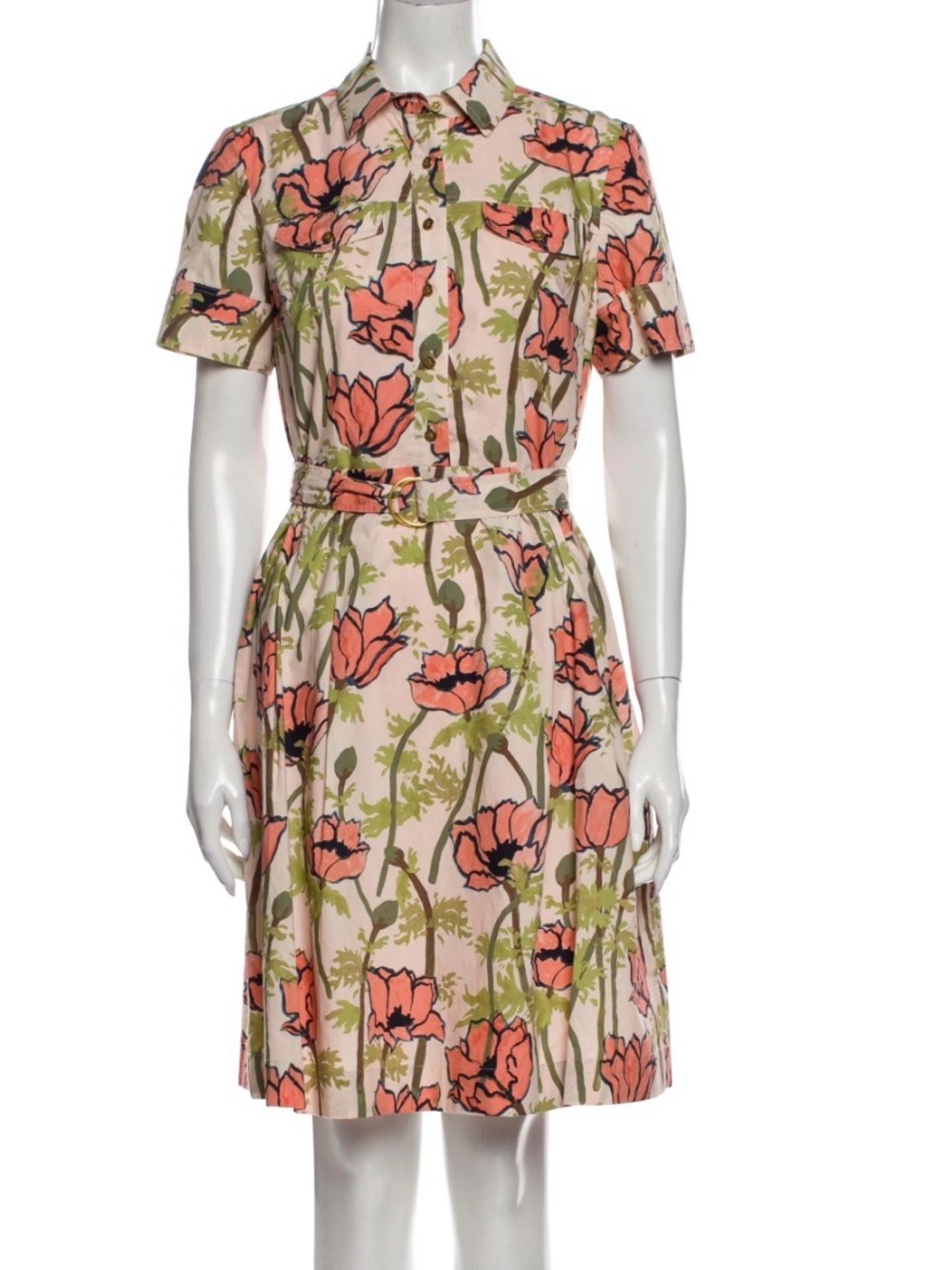 Tory Burch Pink Floral Button-Down Shirt with Coral & Green Accents